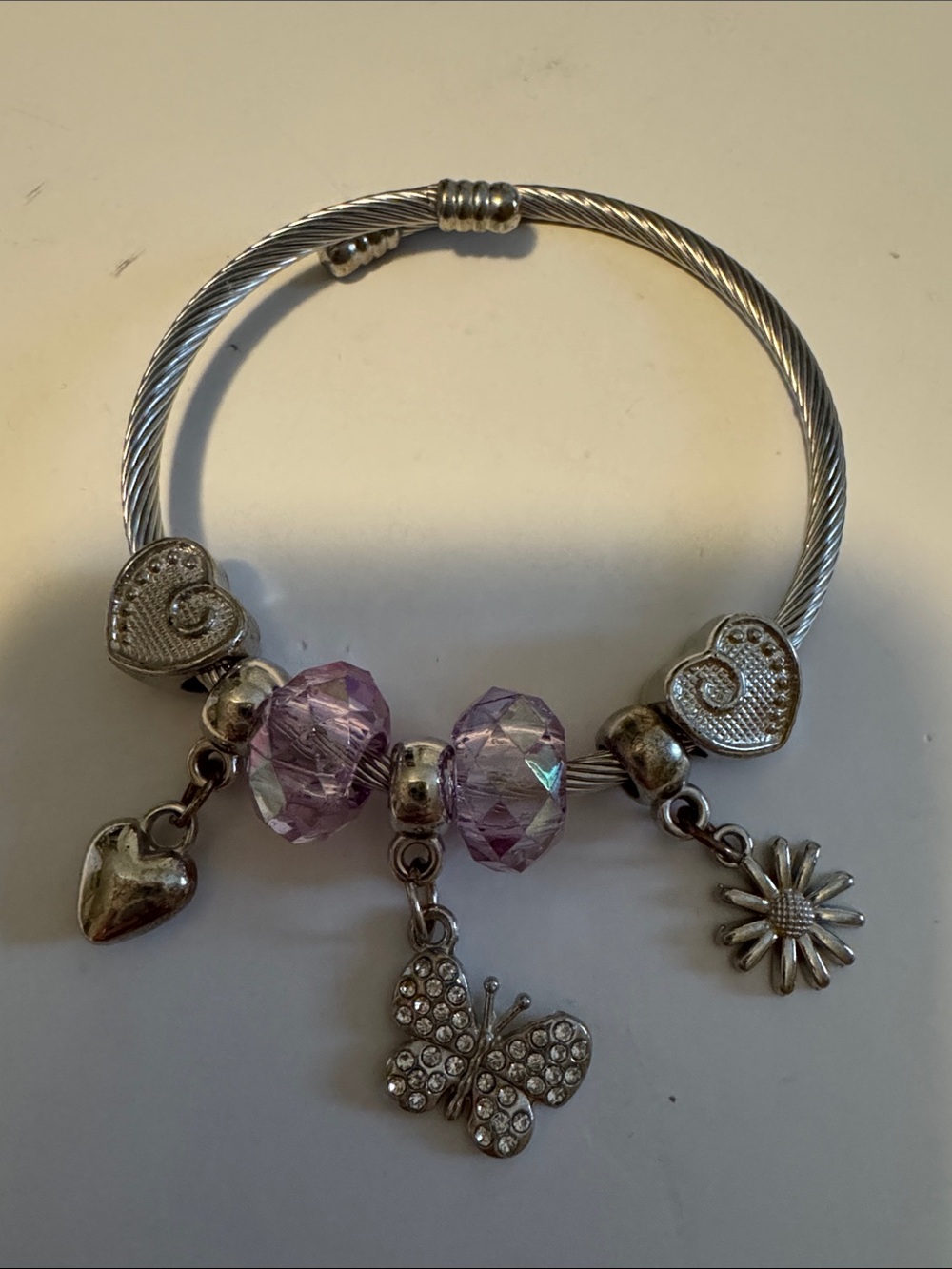 Silver-Tone Bracelet with Lavender Crystal Beads and Charms